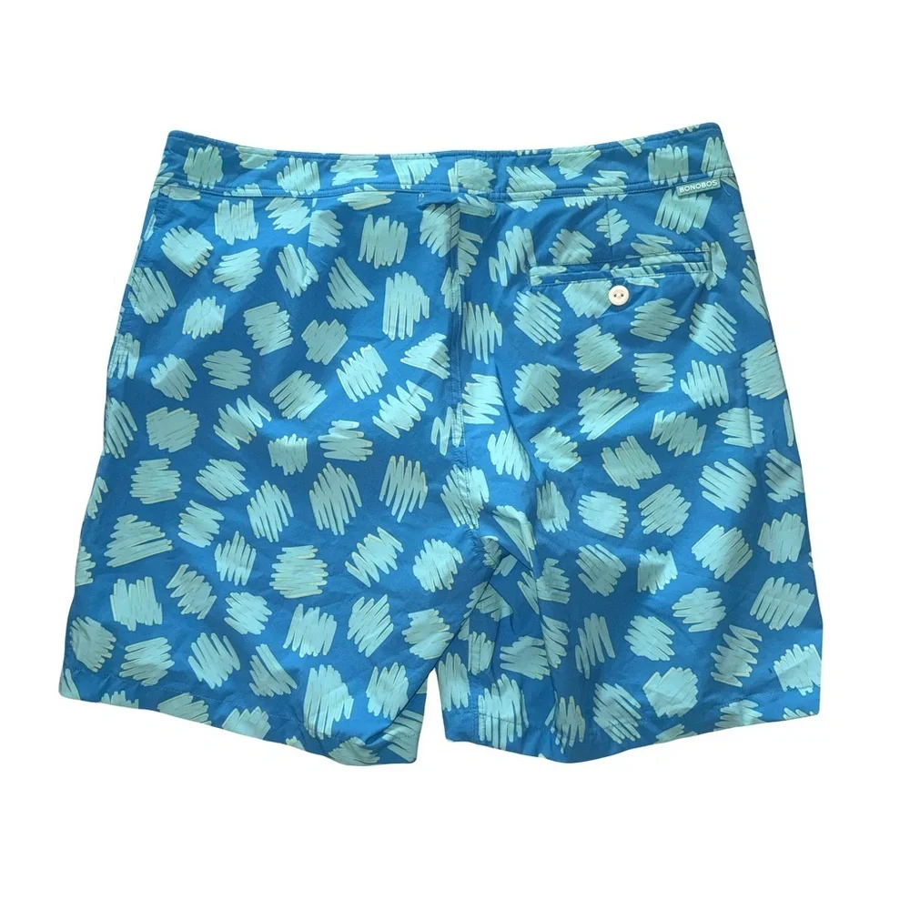 Bonobos Men's Riviera Recycled Swim Trunk Sz Med Teal Scribble